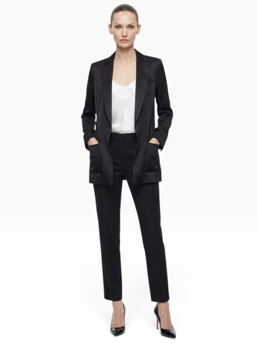Reiss Black Satin Open Front Relaxed Blazer Jacket with Pockets Iva Size 4
